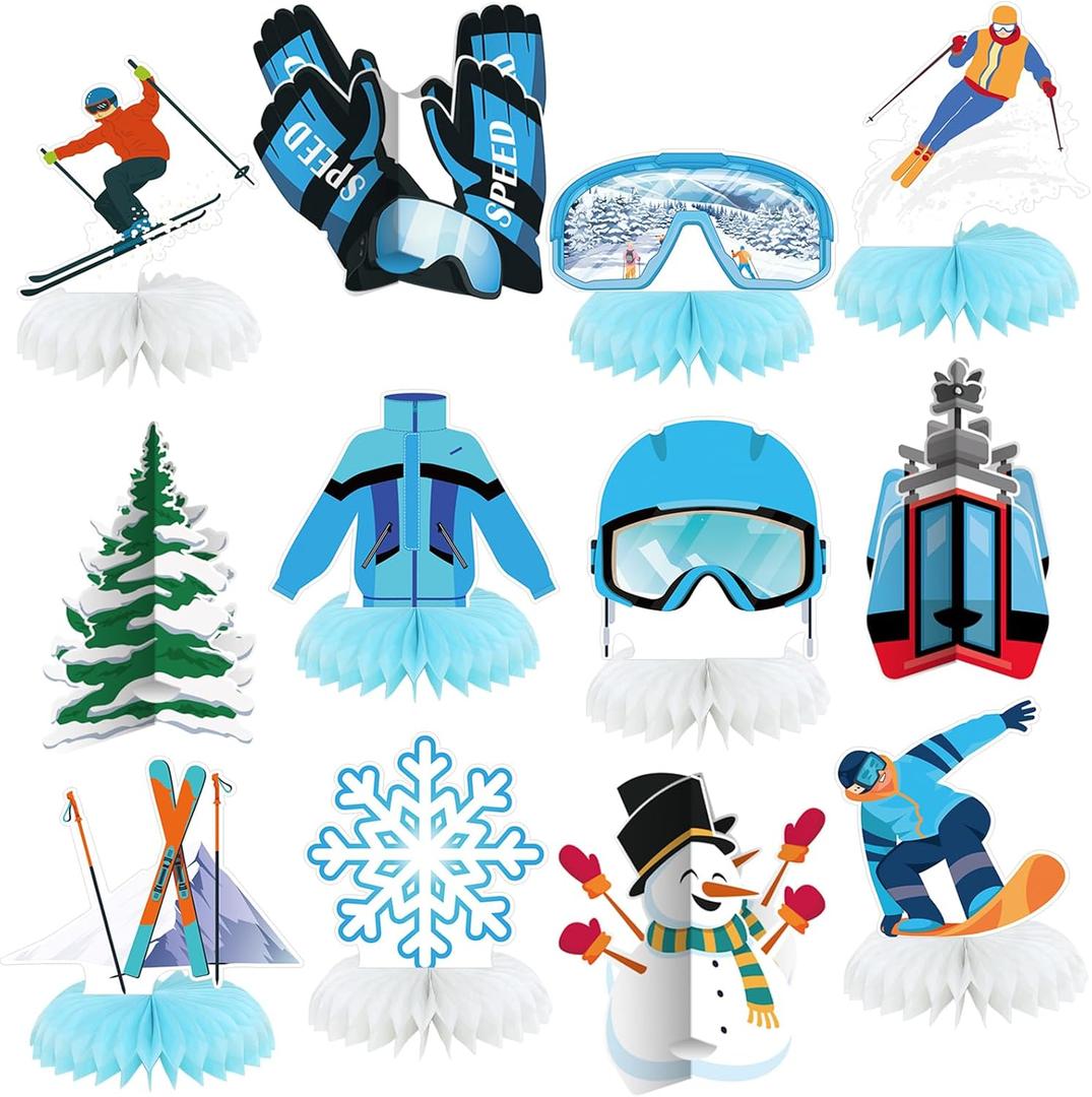Shellwei 12 Pcs Ski Party Decorations Apres Ski Decor Skiing Honeycomb Centerpieces Winter Skiing Centerpieces for Tables Ski Table Decor Winter Decorations for Birthday Party Home Table Baby Shower
