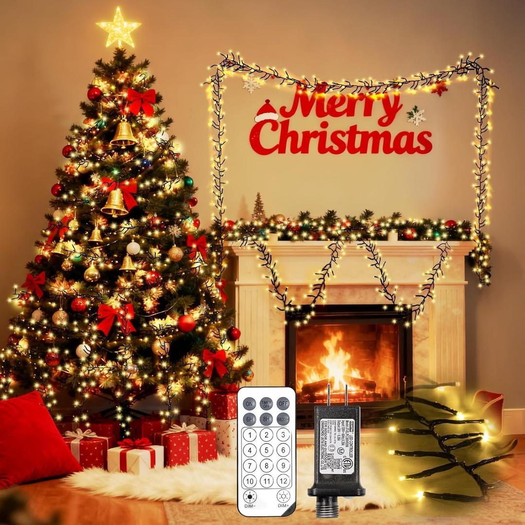1200 LED 59FT Christmas Cluster Lights, Warm White Christmas Tree Lights Outdoor, Firecrackers String Light with 12 Modes Timer Remote, Waterproof Plug in Twinkle Fairy Light for Xmas Tree Garland