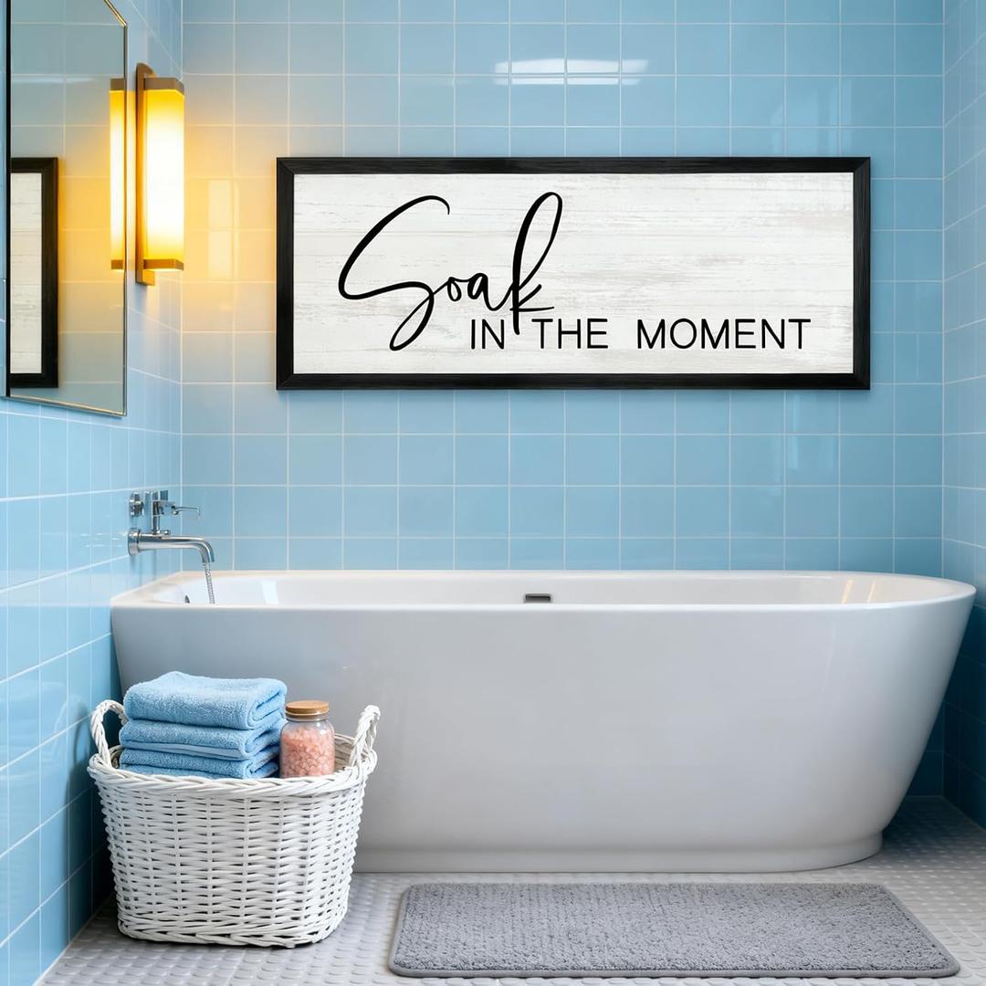 Soak in the Moment Wooden Sign Framed Wall Art, 32''12'' Rustic Horizontal Motivational Bathroom Quote Wood Plaque above the Bathtub, Farmhouse Long Inspirational Shower Room Saying Wood Sign Wall Decor