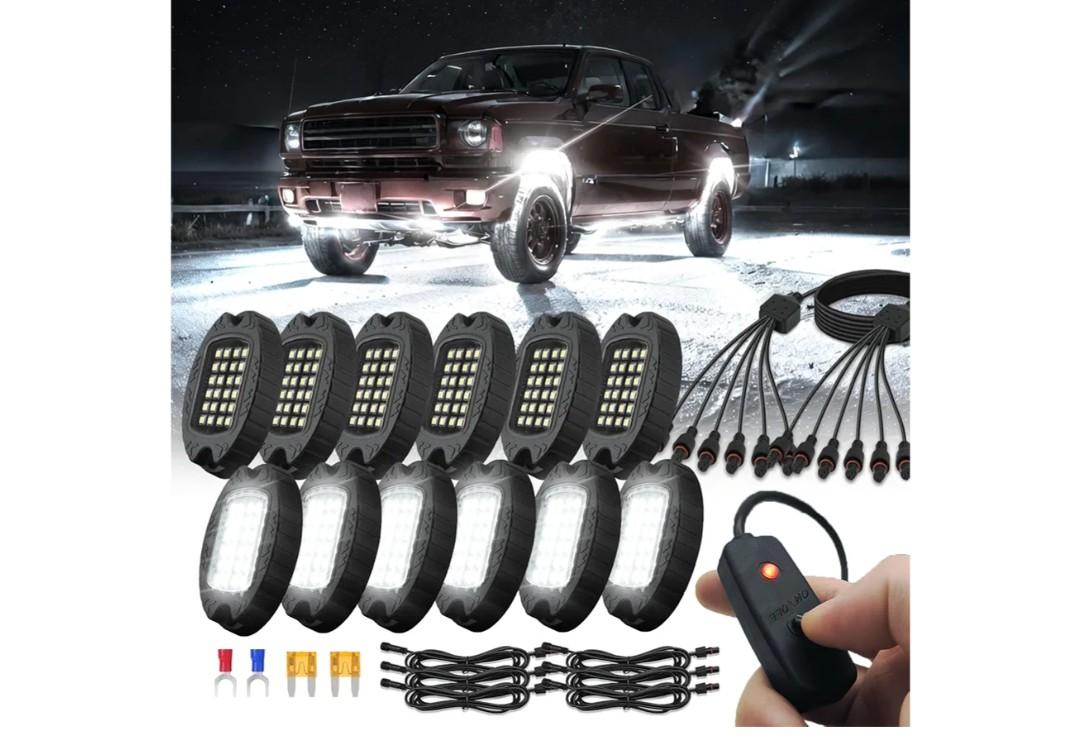 12 Pods Pure White LED Rock Lights with Power Swith Wiring Harness, Waterproof Rust Proof 6600K Super Bright Pure Lighting Aluminum Underglow Kit for Truck Trailer Pickup Offroad ATV UTV