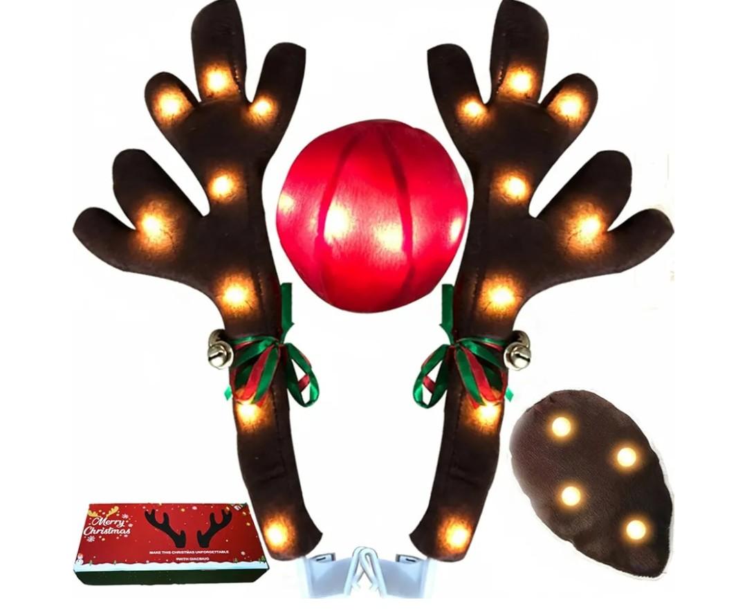 Christmas Car Reindeer Antlers & Nose Tail Kit with Jingle Bells, 2025 Cute Rudolph Car Costume for SUV, Van, Truck  Warm Lights Auto Holiday Decor