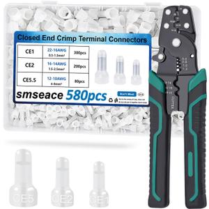 smseace 580pcs 3-Values Closed End Crimp Terminal with Wire Stripper Crimping tool 22-16/16-14/12-10AWG Wire End Caps Closed End Wire Connectors