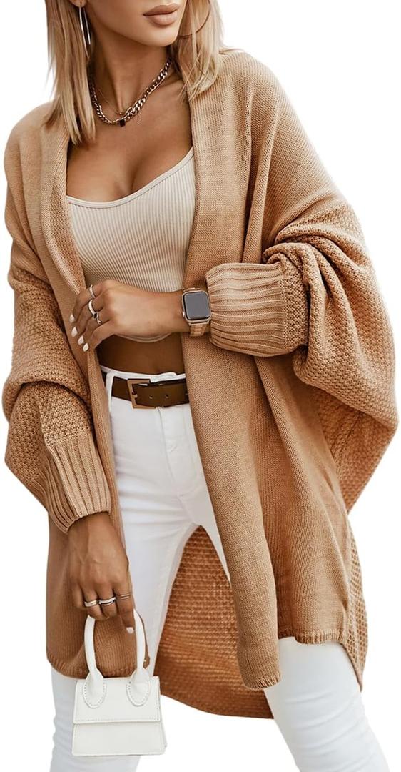 Miladusa Oversized Cardigans for Women Fall 2025 Trendy Open Front Batwing Sleeve Long Cardigan Sweaters (Large, Light Brown)