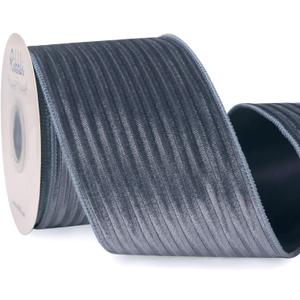 Ribbli Glossy Dusty Blue Velvet Wired Ribbon 4 Inch Striped Velvet Christmas Ribbon for Gift Wrapping Christmas Tree Decoration Crafts Wreaths Supplies-Continuous 10 Yards