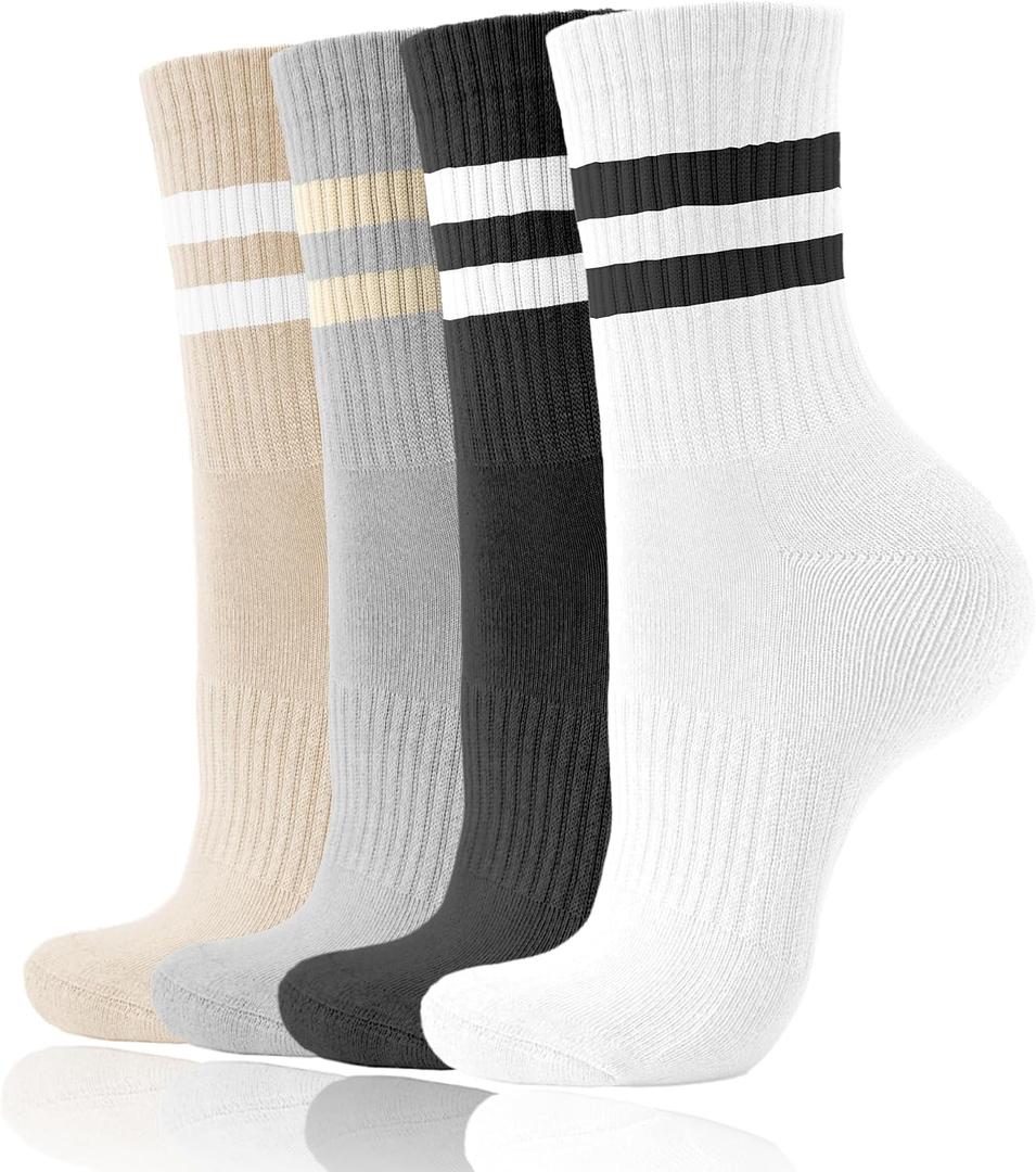4 x AugRing Women's Striped Cotton Crew Socks Cozy Casual Athletic Quarter Socks for Running & Gym Size 5-11 (White)