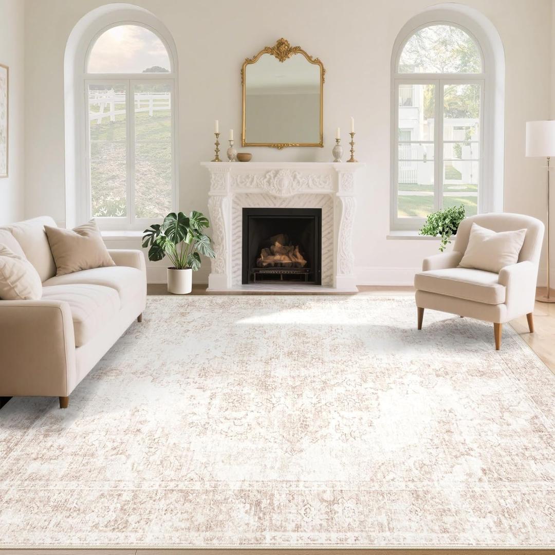 Vintage Living Room Area Rug - 8x10 Large Machine Washable Boho Moroccan Rug Distressed Farmhouse Rugs for Bedroom - Soft Non-Slip Indoor Carpet for Dining Room Office Nursery (Retro Beige, 8'x10')