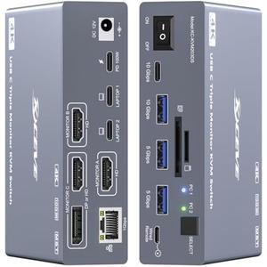 USB C KVM Switch 3 Monitors 2 Laptops 4K@60Hz, Displaylink USB C Docking Station 3 Monitor KVM for Windows Mac M1 M2 M3 M4, Extended Triple Displays,PD 100W,USB 3.0,USB 3.2,SD/TF,1G Ethernet