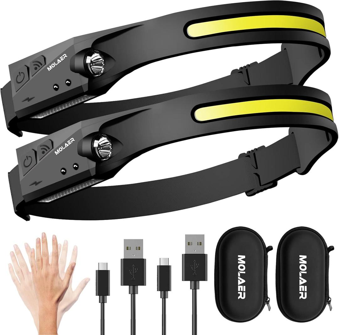 LED Headlamp Rechargeable Flashlight, 2-Pack 230 Wide Beam Headlight with Motion Sensor, Lightweight, Weatherproof, 2 Light Source Head Lamp for Camping Hiking Running Outdoor - Adults and Kids