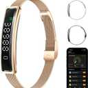 Smart Bracelet, Activity&Fitness Trackers, Touch Screen/Sleep Tracker/Heart Rate/Blood Oxygen,5ATM Waterproof, Multiple Sports Modes, Free App for iOS Android (Steel Belt, Rose Gold)