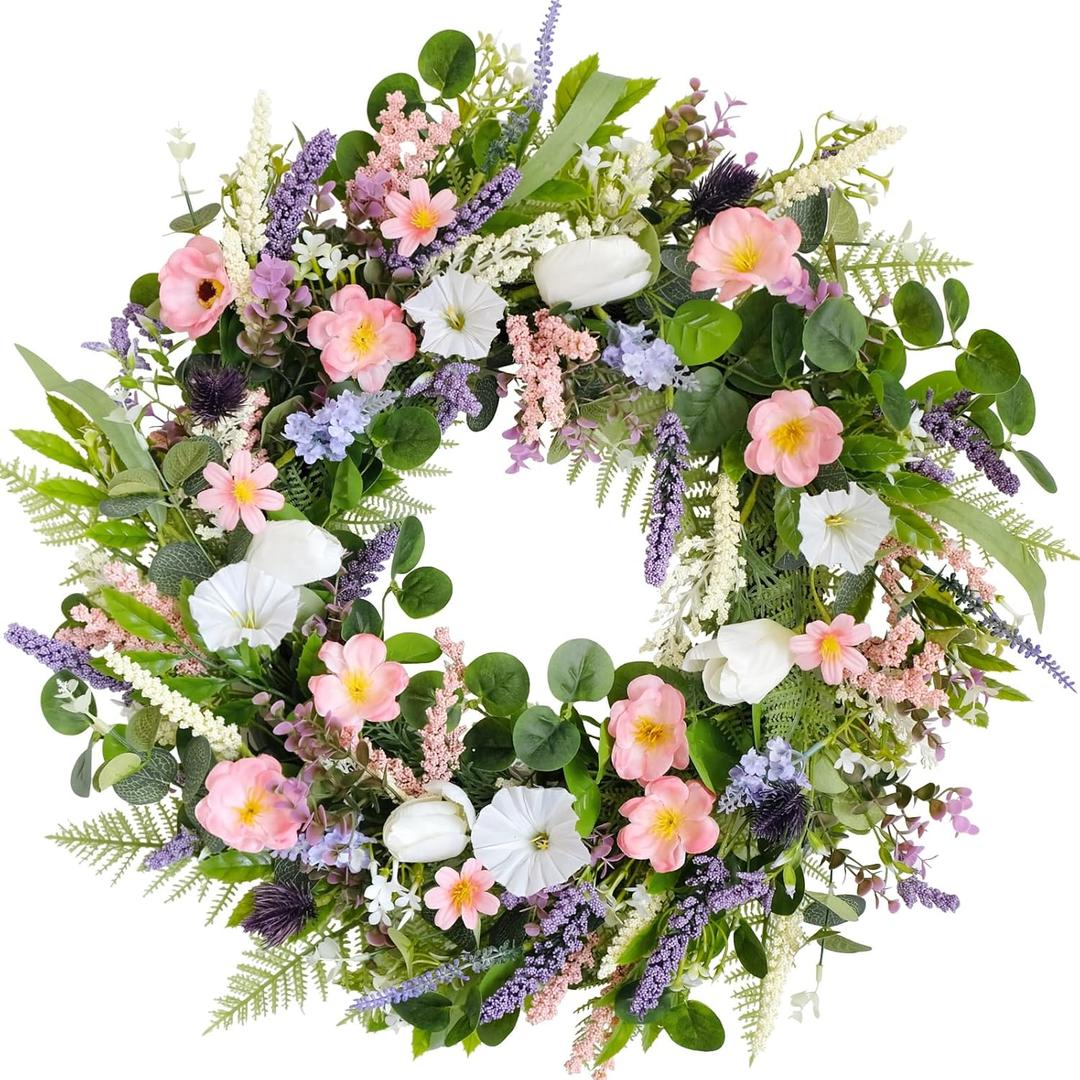 Summer Wreath 22-inch Faux White Morning Glory Pink Flower Green Leaf Wreath Front Door Porch Patio Decoration Wreaths Wedding Birthday Party Holiday Wreaths