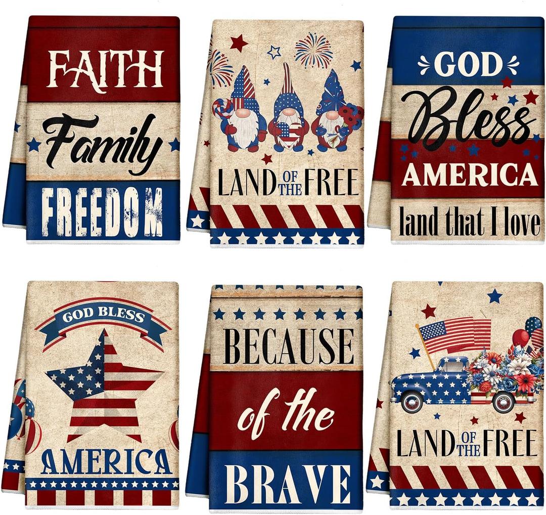 Mixweer 6 Pcs 4th of July Kitchen Towels Vintage Patriotic Hand Towel Independence Day Dish Towel Red White Blue Gnome Star Tea Towel Memorial Day Absorbent Dishcloth for Home Bathroom Kitchen Decor
