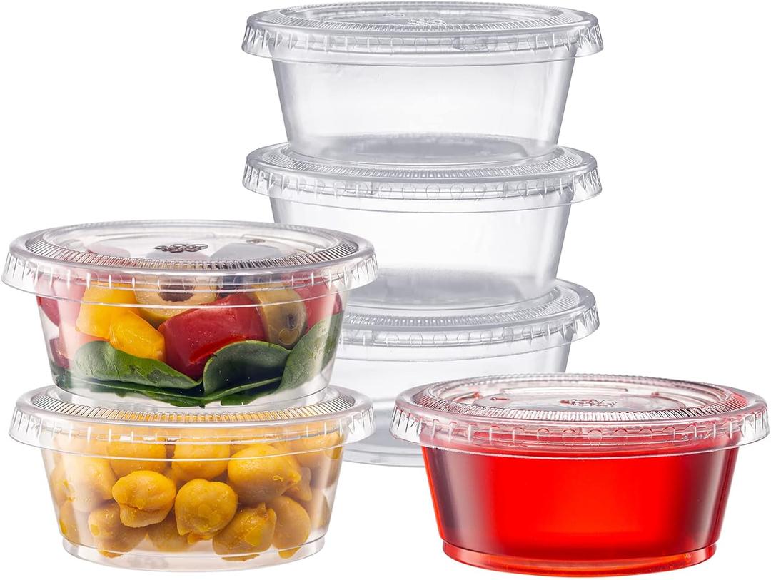 Pantry Value 3.25 oz Jello Shot Cups with Lids [100 Count] Clear Disposable Plastic Portion Containers, Condiment Cups for Sauces, Dressings & Samples  Durable, Stackable, Leak-Resistant