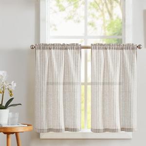 Vangao Stripe Farmhouse Kitchen Curtains 24 Inch Length Linen Blend Cafe Curtains Tickingstripe Tier Drapes Pinstripe Semi-Sheer Small Window Treatments Rod Pocket 2 Panels Taupe Grey on Beige