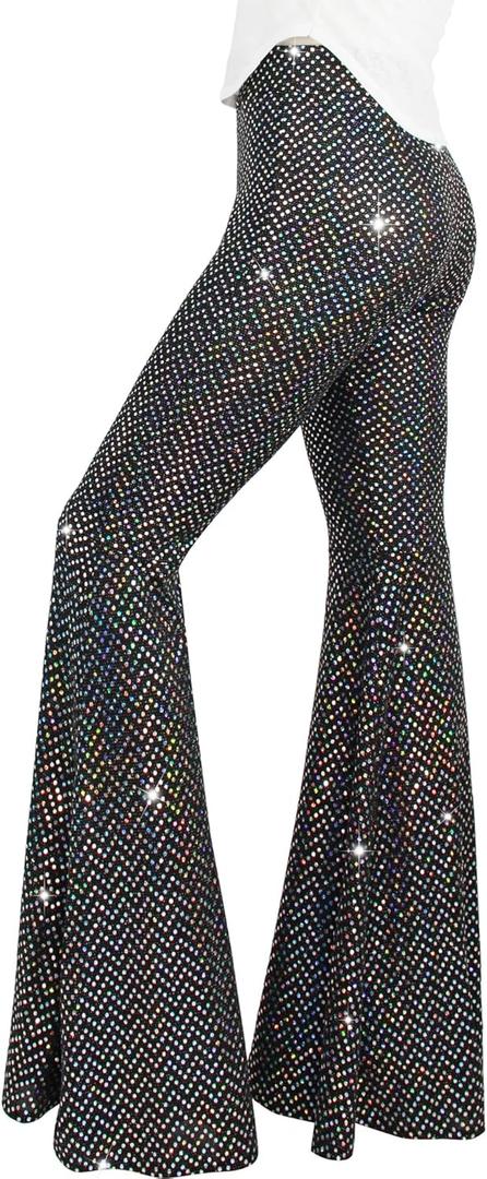 Nawgut Womens Sequin Flare Pant Sparkly High Waisted Leg Bell Bottom Glitter Trousers Night Out Clubwear, Women-Medium