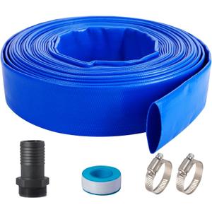 1-1/2" (Flat 2.6 width) x 100 FT Pool Backwash Hose Kit with Male NPT Adapter, Blue Reinforced Pool Drain Discharge Hose for Swimming Pool Filter Pump,with 2 Clamp and Thread Seal Tape