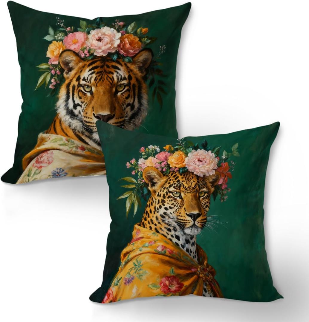 Funky Floral Crowned Leopard Tiger Portrait Pillow Covers 18x18, Modern Maximalist Eclectic Fashionista Cheetah Tiger Animal Decorative Pillow Covers for Home Living Room Bedroom Set of 2