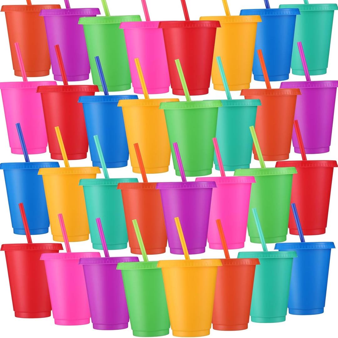 Sieral Cups with Straws and Lids Kids Tumbler with Straw Reusable Water Bottle Iced Coffee Travel Mug Adults Plastic Cups for Parties 16 oz (Candy Colors, 30 Pack)