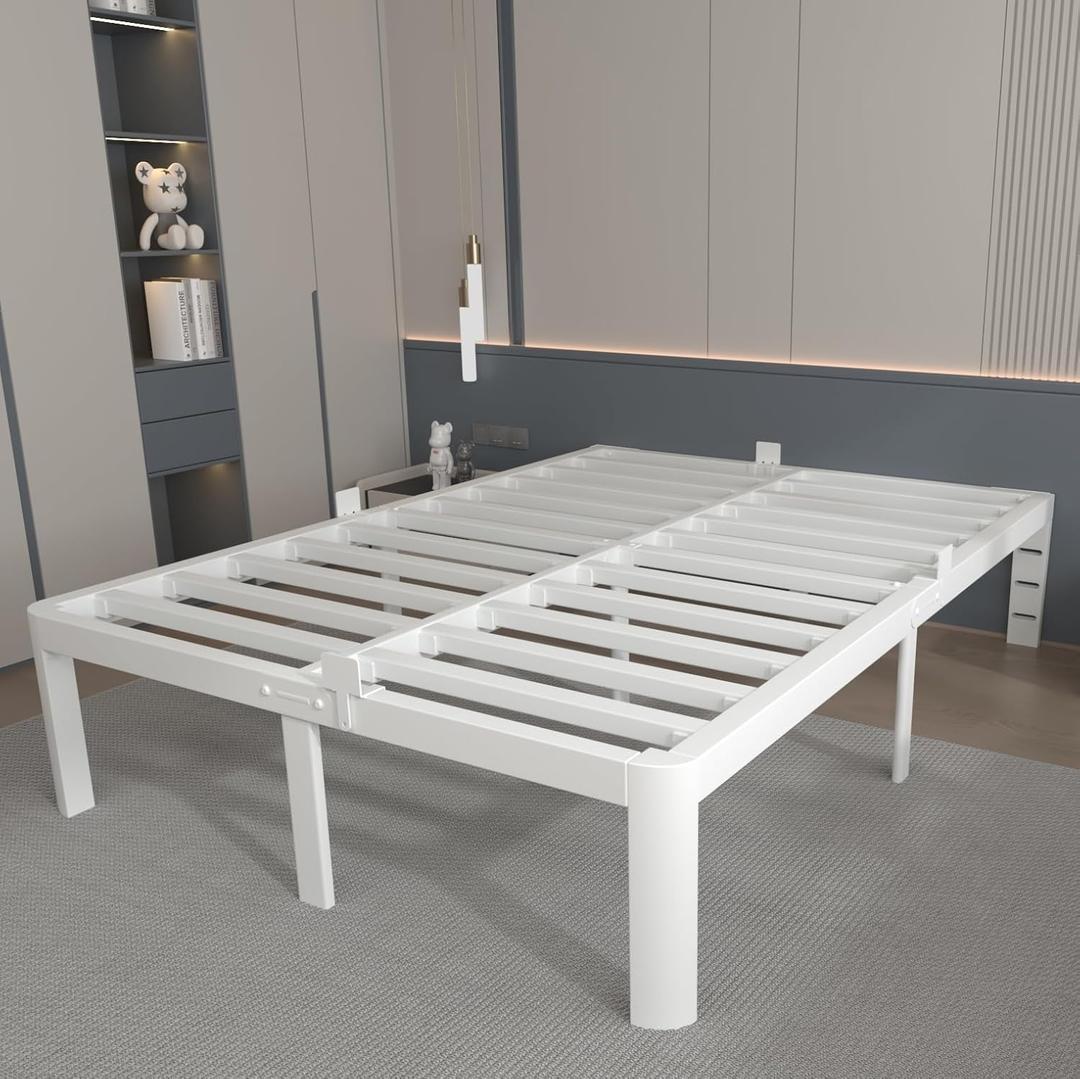 14 Inch Queen Bed Frame, White Bed Frame Queen Size with Metal Baffles, No Box Spring Needed, Heavy Duty Steel Platform Suppot, Round Corner Design, Reserved Holes, Noiseless, Storage Space
