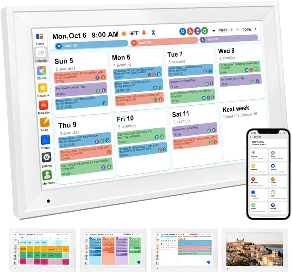 Smart Digital Calendar Family Planner Chore Chart HD Touchscreen Meal Planner & Photo Display Syncs with Online Calendars Includes Desk Stand & Wall Mount (15.6 Inch Digital Calendar - White), Large