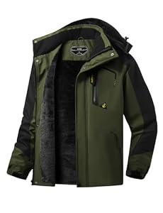 ASPO Men's Waterproof Ski Jacket Winter Warm Snow Coat Fleece lined Snowboard Hooded Mountain Windbreaker Raincoat Hiking Army Green XL