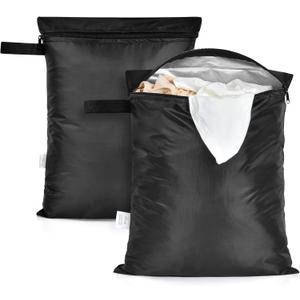 2 Pack Swimsuit & Towel Wet Dry Sack - 12 x 16 inch Waterproof Clothes Bag with Handle & Zippered Oxford Cloth - Black