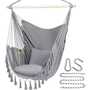 Y- STOP Hammock Chair Hanging Rope Swing Chair, Max 500 Lbs, 2 Seat Cushions Included, Removable Steel Spreader Bar with Anti-Slip Rings, Hardware kit-for Indoor Outdoor(Dark Grey) pcs