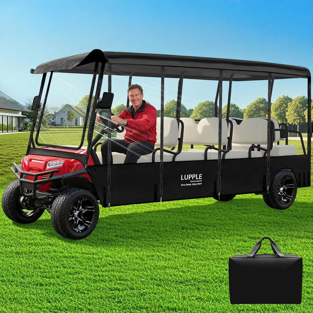 Golf Cart Weather Enclosure 54"-124" Roof, 4 6 8 Passenger Golf Cart Rain Cover for EZGO TXT RXV Club Car Precedent DS Evolution Yamaha Onward Tempo Icon, 4-Sided Windows Roll-up Door