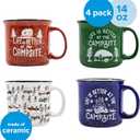 Camco Life is Better at The Campsite Ceramic Coffee Mug 4-Pack - Microwave and Dishwasher Safe - Features Camping & RVing Designs - Coffee Cups Holds 14oz. (53357), One Size
