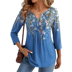 Zeagoo Womens 3/4 Length Sleeve Tops V Neck Dressy Casual T Shirts Pleated Business Work Blouses Basic Tees, Size: XL