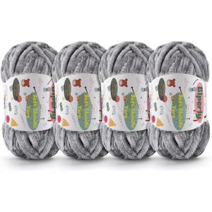 4 Skeins Fluffy Chenille Yarn for Crocheting - Chunky Velvet Yarn for Scarves Shawls, Baby Blankets, Hats Plush Toys, Plush Yarns Each Skein 49.2yd, 3.5oz (Dark Gray)