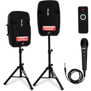 Pyle Wireless Portable PA System Kit - 1800W Peak, Bluetooth Compatible, Active + Passive Pair For Indoor / Outdoor Sound, Multiple Inputs-USB SD AUX XLR RCA, Comes With 2 Stands, Wired Mic, Remote