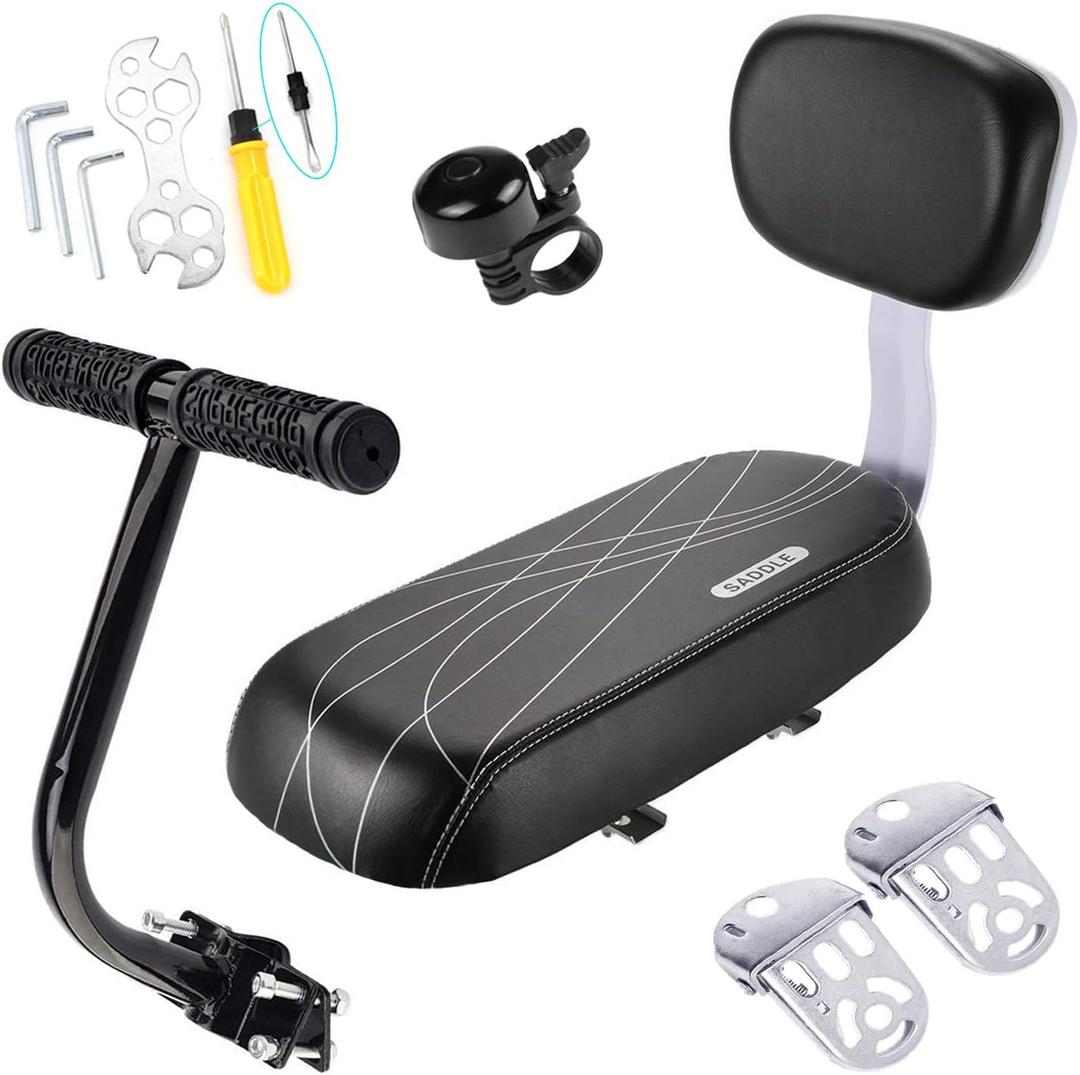 Bike Child Seat Kit, Included Bike Rear Seat Cushion with Safety Cycling Backrest + Backseat Armrest Handrail + Foldable Hidden Bicycle Footrests + Universal Handlebar Bell + Installing Tools (00 Black)