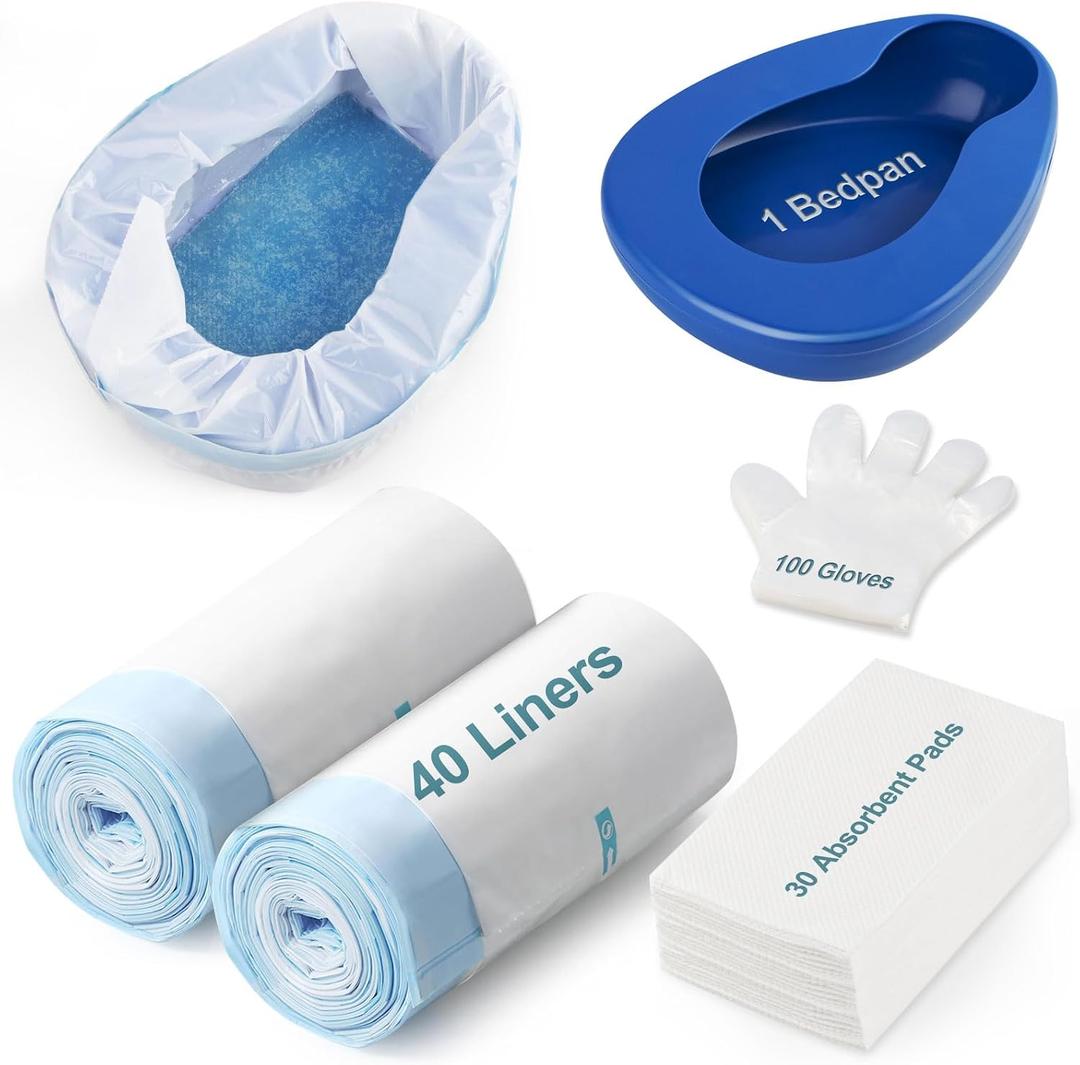 Bed pan Set Includes 30 Super Absorbent Pads, 40 Disposable Liners, and 100 Gloves. These bedpans are Comfortable for Both Women and Men and are Made of Thick, Oversized, Heavy-Duty PP Material