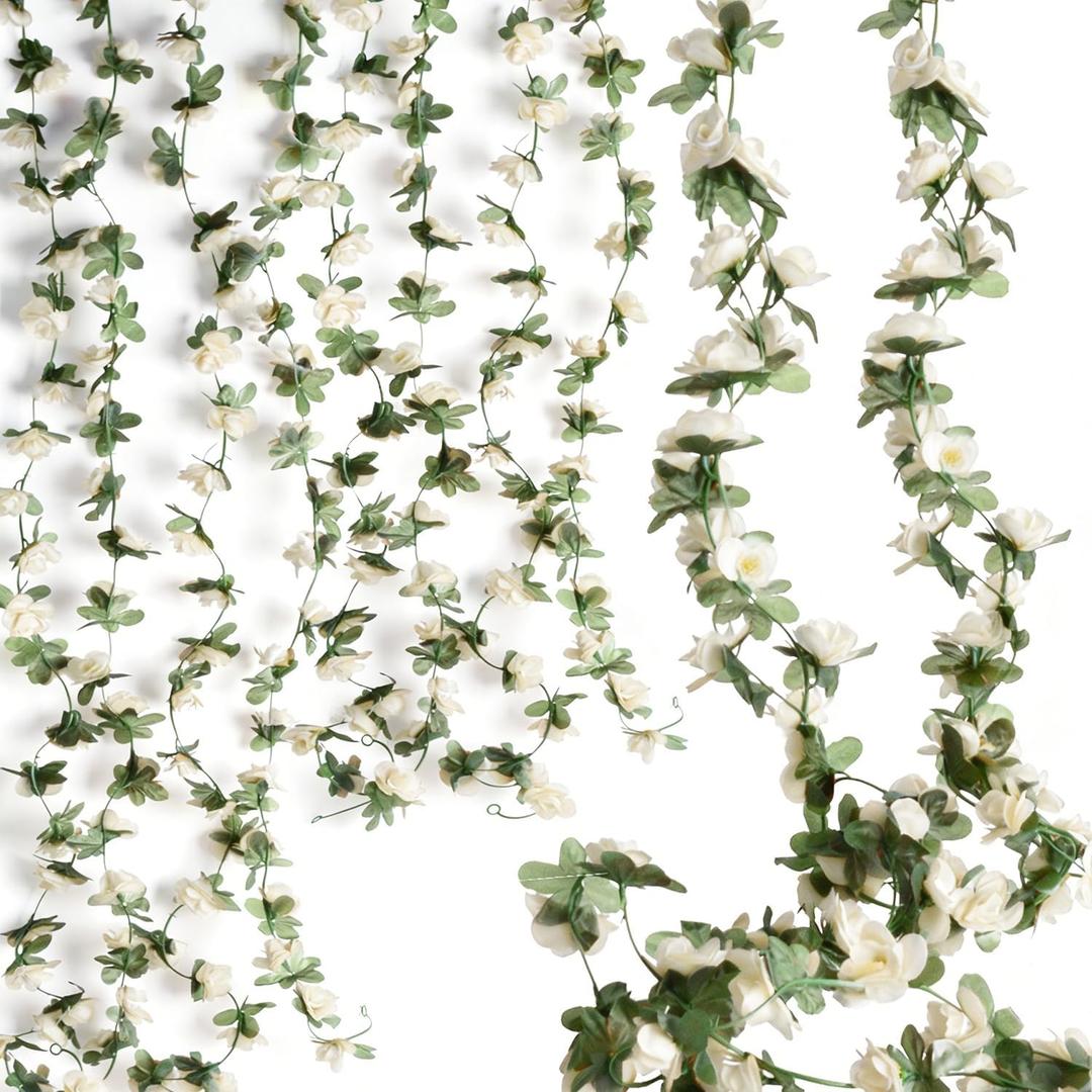 2 Pack Artificial Rose Vine Fake Flower Garland Fake Rose Hanging Vine Artificial Flowers for for Wedding Party Background Arch Garden Background Decoration Total 16.4 Ft (2, White)