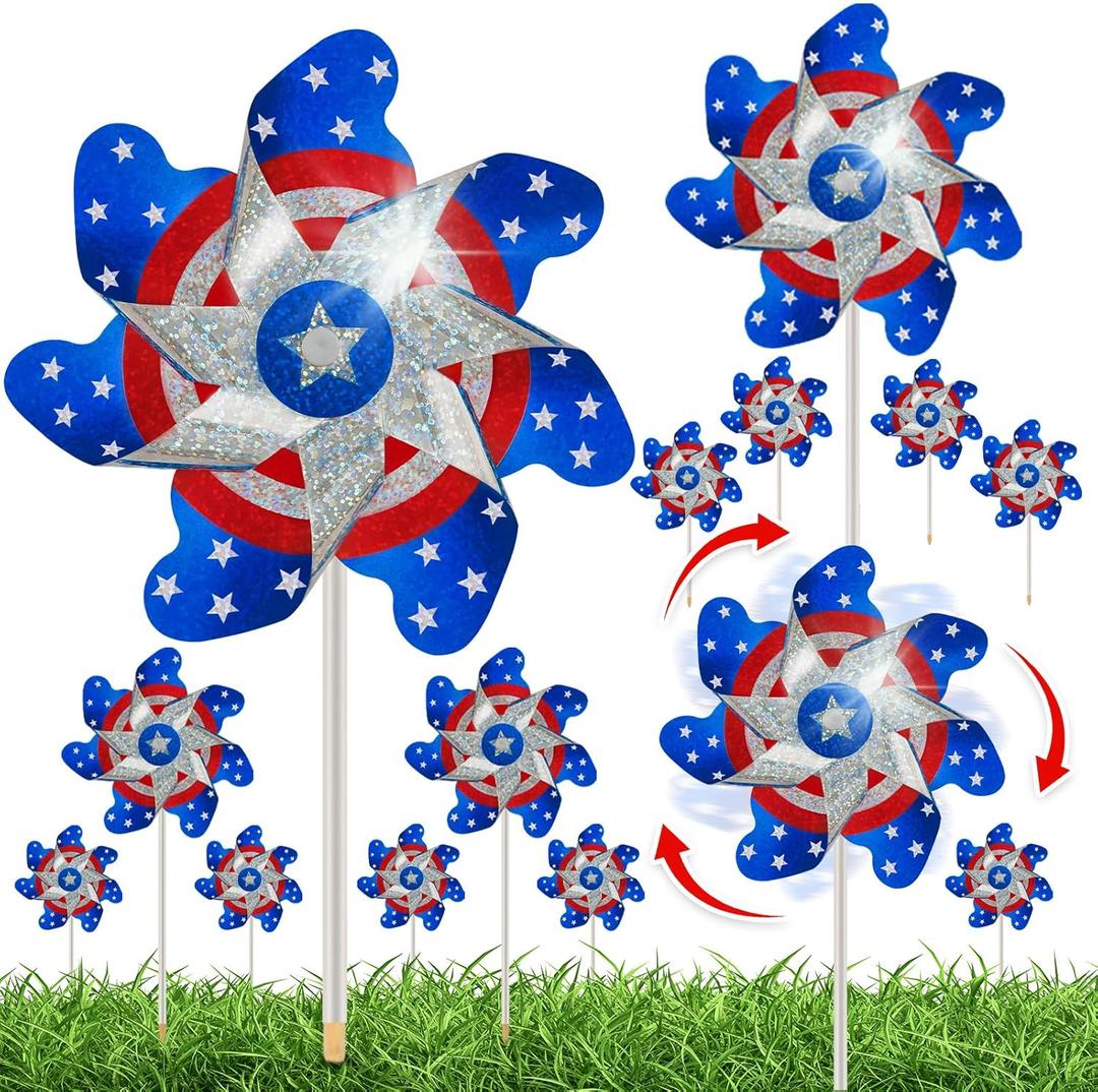 10pcs Fourth of July Pinwheels,4th of July Decorations American Flag Reflective Pinwheel, Garden Wind Spinners for Yard Patriotic Outdoor Decor, Memorial Day Independence Decorations