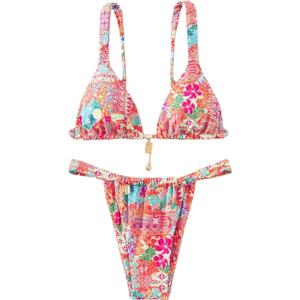 Women's 2 Piece Floral Tropical Print Bikini Set Boho Triangle Bathing Suit Tie Backless Swimsuit Sets (Medium, Multicolor)