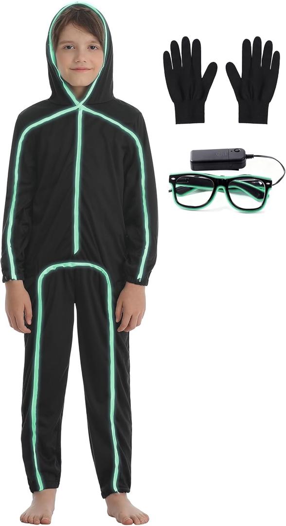 Stick Figure Costume Kids Stickman Jumpsuit with Light up Glasses Halloween Glow in the Dark Outfits for Boys Girls (XX-Large/Height:55"-57", Fluorescent Green)