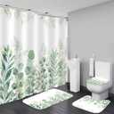 DDQQ Green Leaves Shower Curtain Sets with Non-Slip Rug, Toilet Lid Cover and Bath Mat, Plant Leaves Shower Curtain Sets with 12 Hooks, Shower Curtain for Bathroom Set Decor