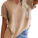 SHEWIN Womens Casual V Neck Waffle Knit Tops Short Sleeve T Shirts Loose Blouses (Beige, XXL)