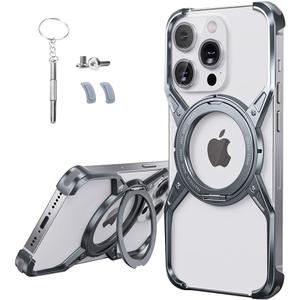 Frameless Magnetic Case for iPhone 16 Pro Max with Stand [Compatible with MagSafe] [Rotatable Ring Kickstand] Bezel Less Minimalist Luxury Metal Heat Dissipation Slim Shockproof Case for Men Women (Deep Gray)