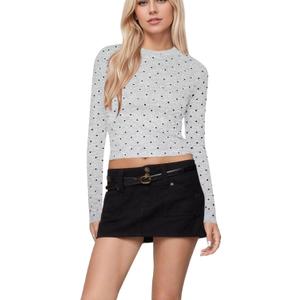Women Polka Dot Long Sleeve Crop Tops Slim Fit Crew Neck Casual T Shirts Fall Basic Going Out Top (Black, M)