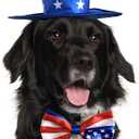 Vehomy Uncle Sam Dog Top Hat & American Flag Dog Bow Tie Collar - 4th July Pet Costume Set for Dogs & Cats (2Pcs, Satin, Adjustable Size)
