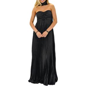 Women Bridesmaid Dresses with Scarf Strapless Pleated Flowy Solid Long Formal Wedding Guest Dress Womens Fall Dresses (Black, L)