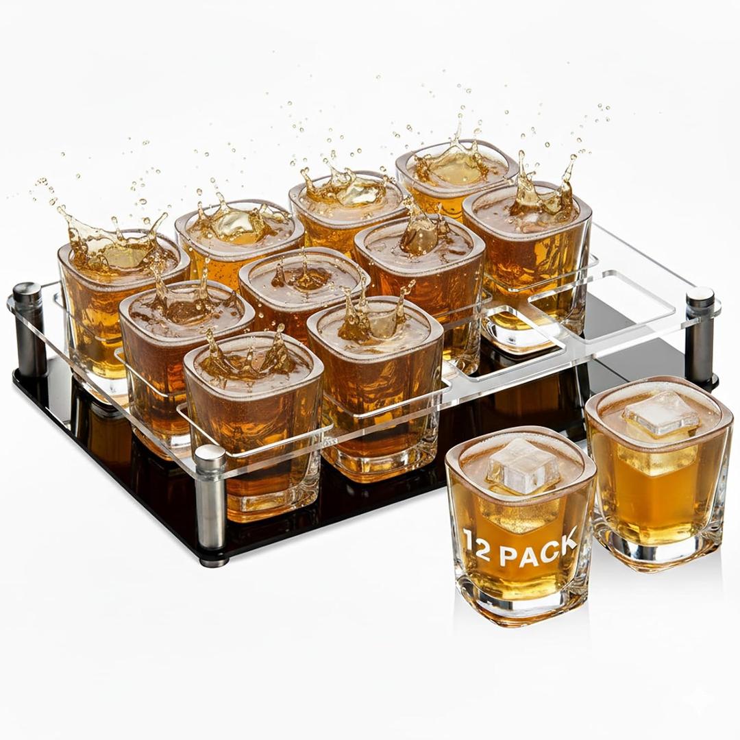 Ruckae 12 Pack 2 OZ Shot Glasses Set with Pallets Heavy Base Clear Square Shot Glasses Bulk for Vodka Tequila Whiskey Liquor