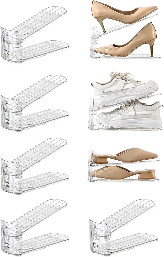 shoe slots organizer, Clear Shoe Stacker, Adjustable Level Shoe Rack,Storage Space Saver for Sneakers Display (Transparent, 8Pack)