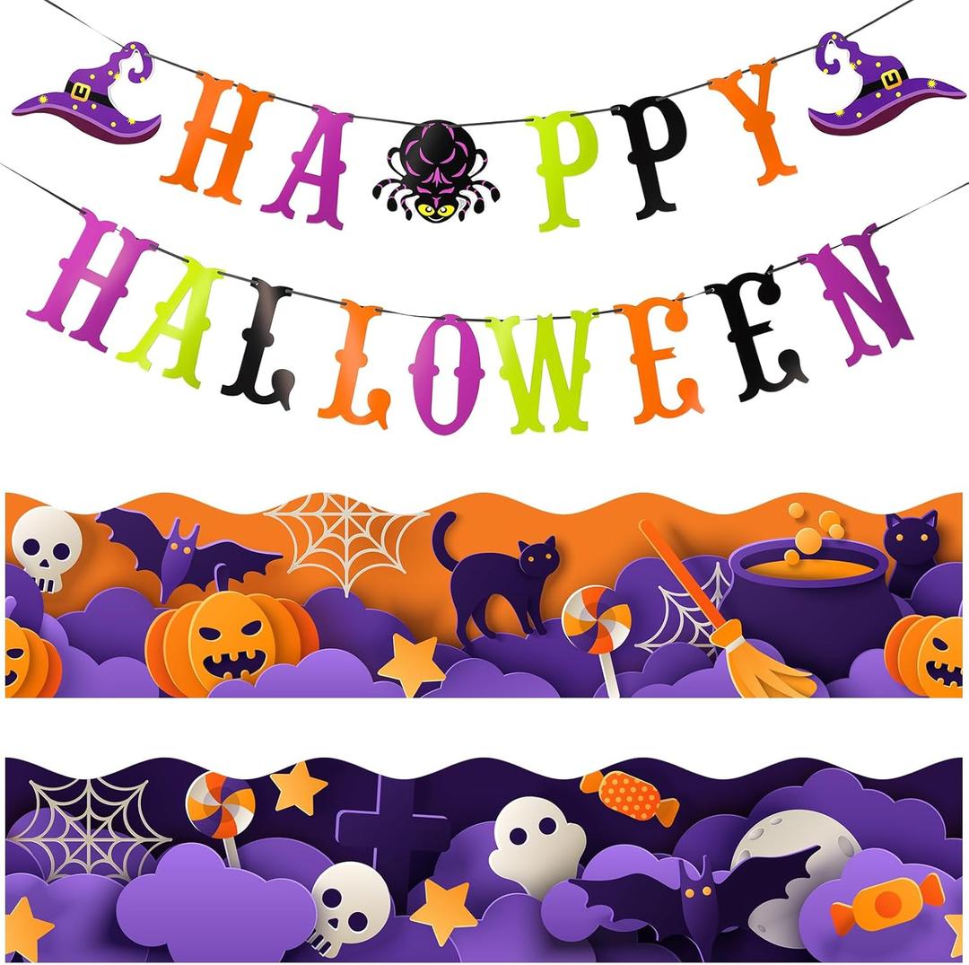 Fuutreo 68.9 ft Halloween Bulletin Board Border Decoration Happy Halloween Banner Pumpkin Ghost Skeleton Bat Wavy Curled Trim Bulletin Board Stickers for School Classroom Home Office Wall Party Decor
