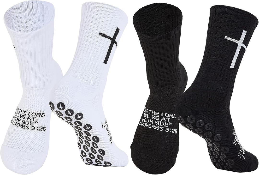 2 Pairs Cross Grip Soccer Socks Non-Slip Sports Sock with Bible Verse, Jesus Christian Socks for Football, US 6-13 (White,black)