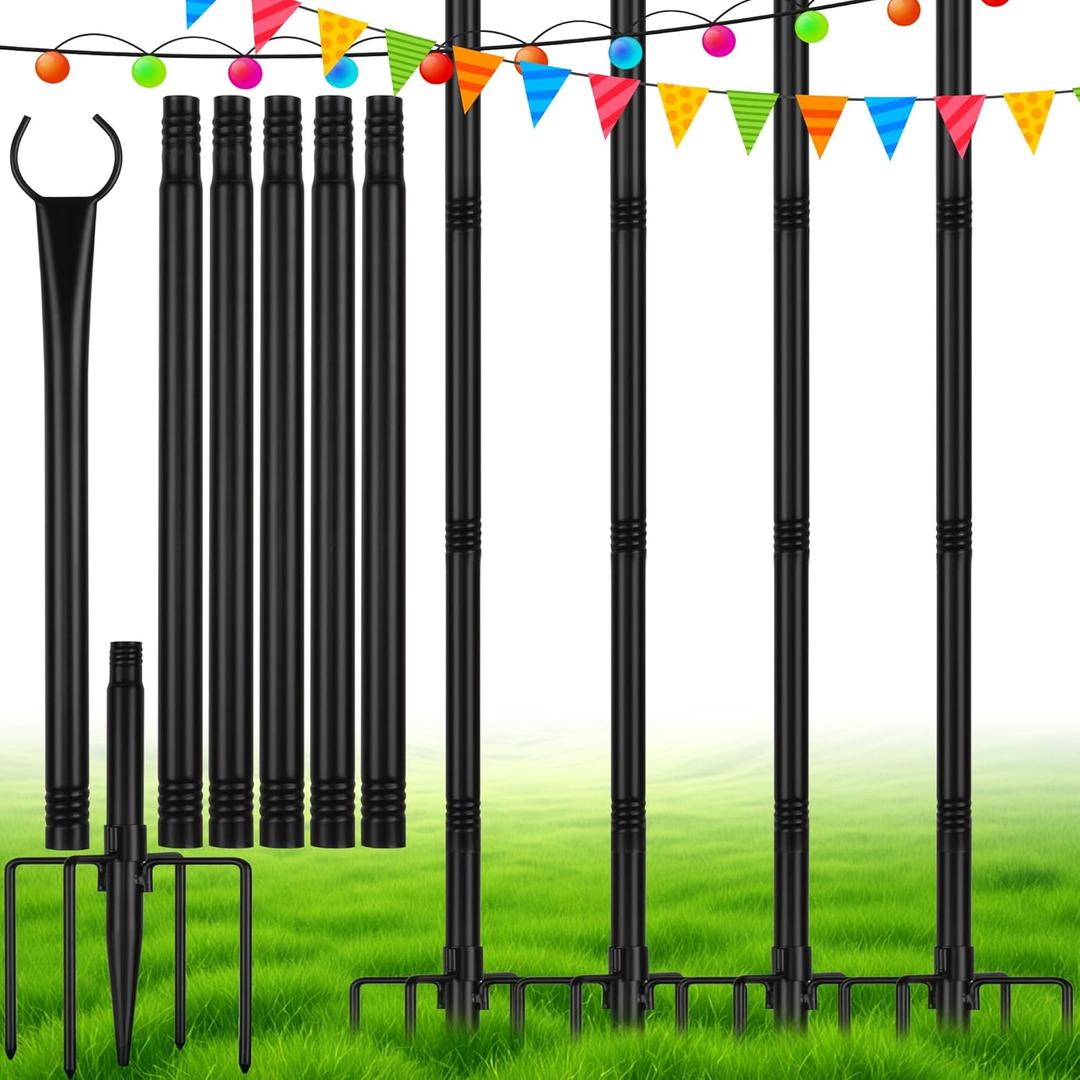 String Light Poles with Hooks, 4 Pack 8.5FT Metal Light Pole for Outdoor String Lights with 5-Prong Fork for Garden Patio Wedding Party,Black