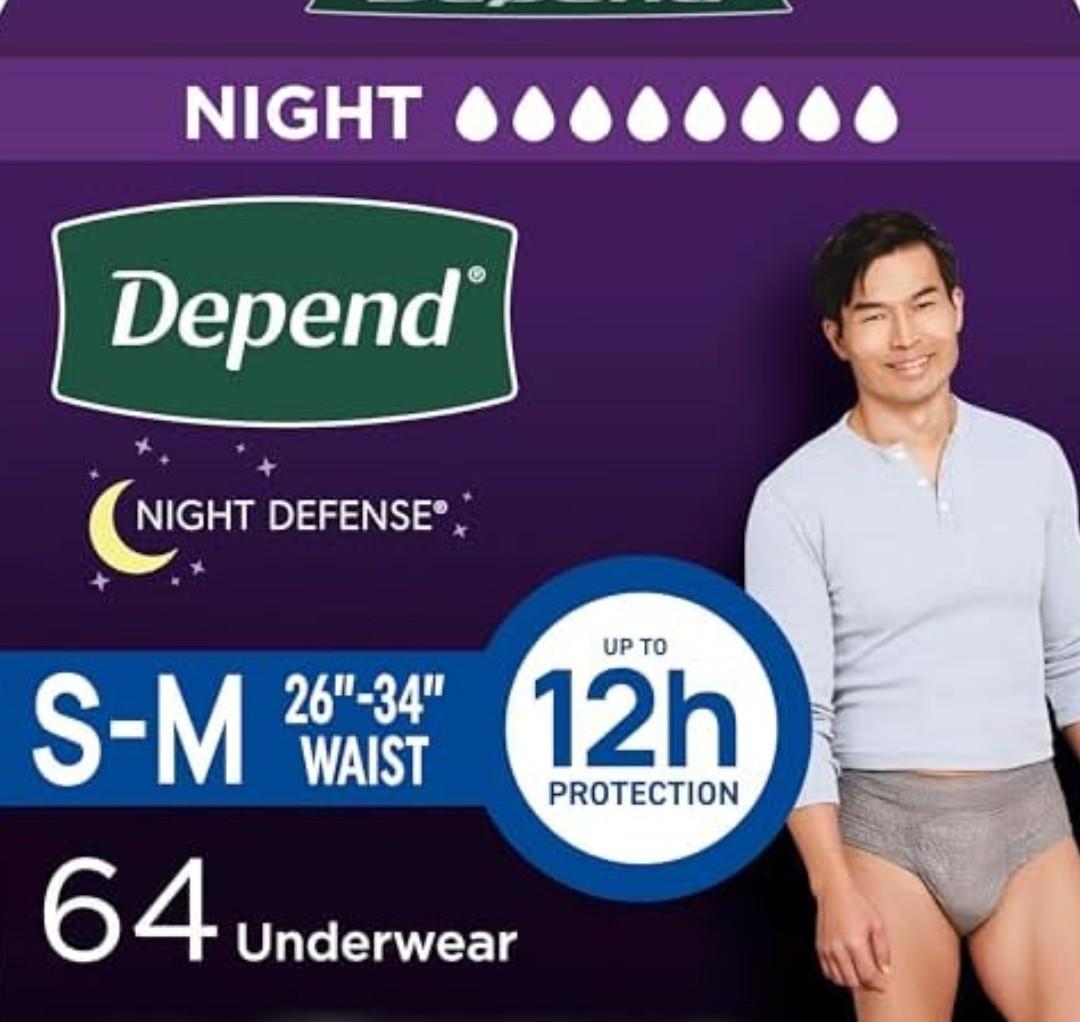 Depend Night Defense Adult Diapers, Incontinence Underwear for Men, Disposable, Overnight, Small/Medium, Grey, 64 Count (4 Packs of 16)