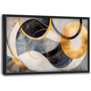 Large Abstract Wall Art for Living Room, Oversized Abstract Circle Wall Decor, Black and Golden Abstract Canvas Painting Modern Artwork Home Decoration for Living Room Bedroom Office Framed 36"x24"